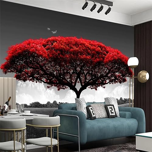 Miniatura 2 de Papel tapiz romántico retro de árbol rojo 3D papel tapiz de fondo negro y blanco papel tapiz de ilustración de bosque para sala de estar y