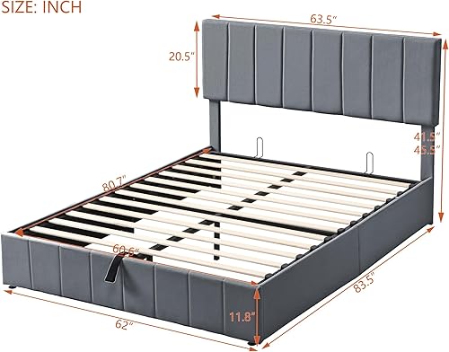 Miniatura 19 de Harper & Bright Designs Cama tapizada de plataforma matrimonial con almacenamiento elevable, marco de cama de tamaño matrimonial con almacenamiento