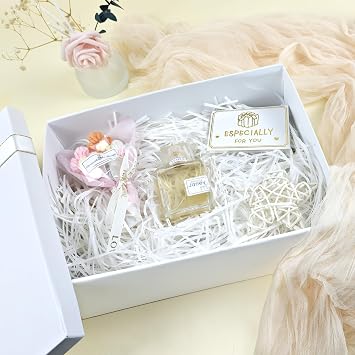 MSLHUB Luxury Gift Box, Cardboard Gifts Box with Lid Greeting Card Shredded Paper, Large Packaging Box with Bowknot for Present Proposal Bridal Showers Christmas Birthday 28 * 20 * 9 cm (White)
