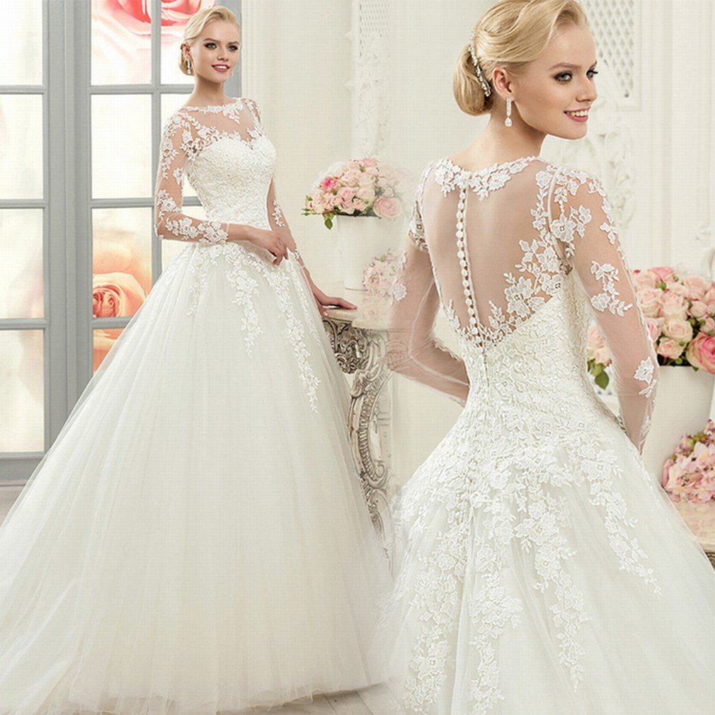 Robe de mariage blanc dissimulant les bras avec dentelle et coupe longue évasée