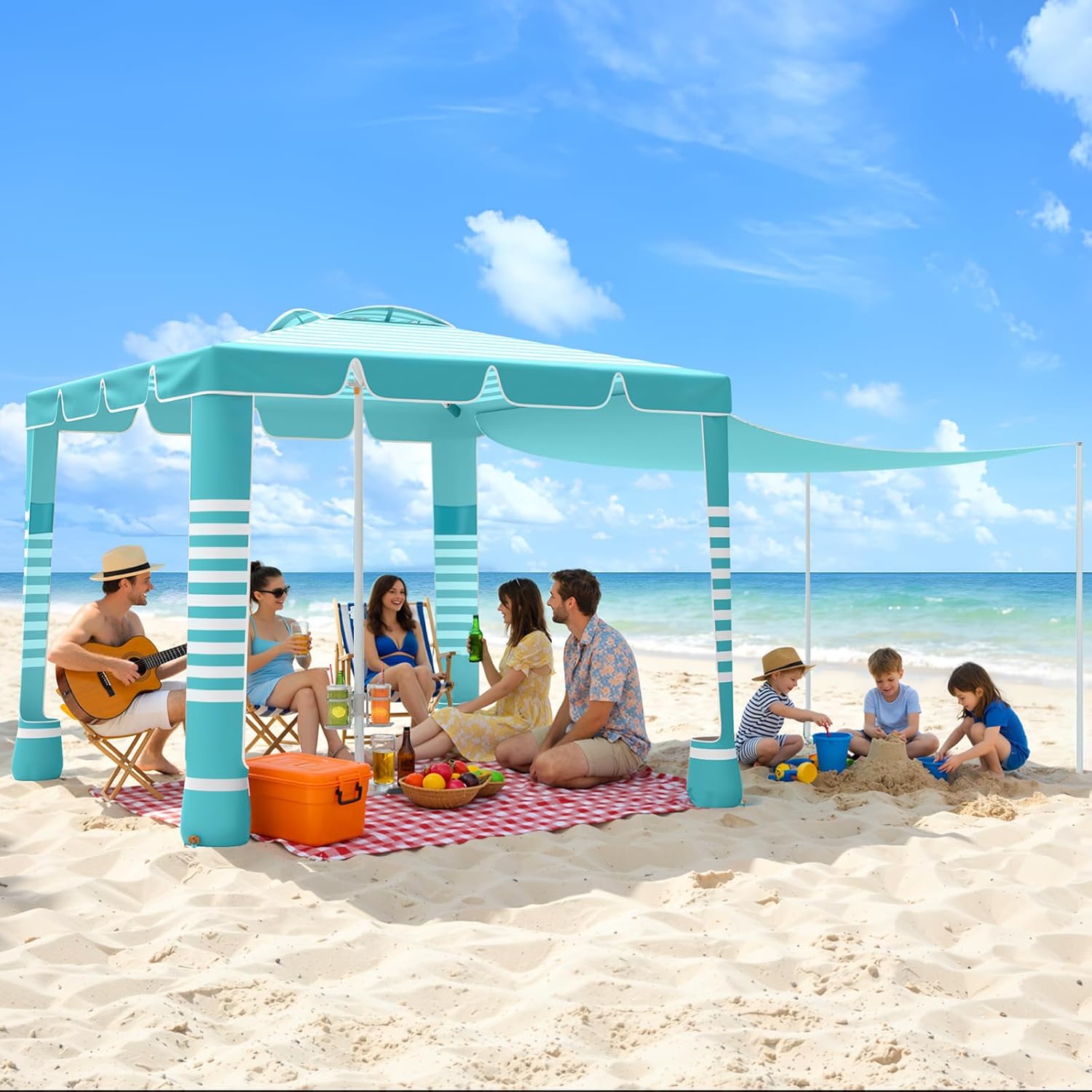 MoKo Beach Cabana,120 Sq. Ft. Large Beach Canopy Tent Sun Shade, UPF 50+ Protection Easy Setup Beach Tent, Adjustable Height Wind Resistant Cabana Sun Shelter for Whole Family, Light Green Stripes