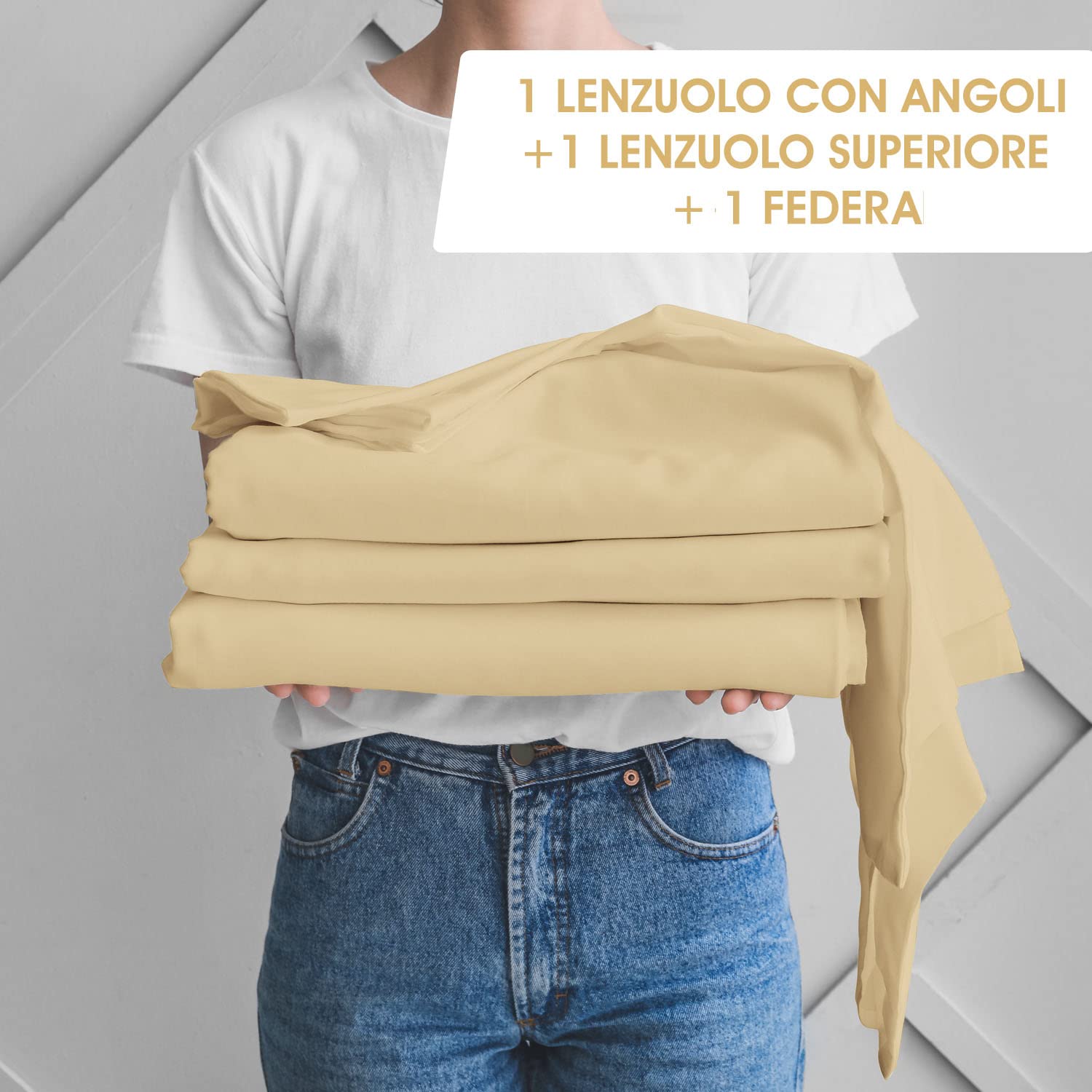 Completo Lenzuola Letto Singolo Mr. Cotton - 100% Cotone, Colore Beige, 3 Pezzi - Foto 3
