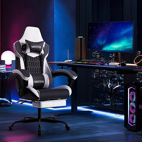 Miniatura 37 de Silla de juegos con reposapiés, sillas de juegos de respaldo alto, silla ergonómica de cuero de PVC con reposacabezas ajustable, soporte lumbar