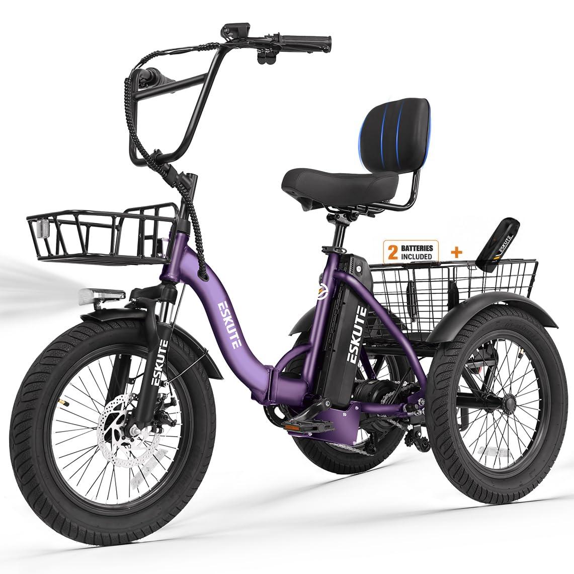 ESKUTE E Trike Electric Bike, Peak 1200W Brushless Motor Folding Trike 18X3.0 Fat Tire Ebike, 624Wh Removable Battery, Step-Thru 3 Wheel Electric Bicycle, Up to 65 Miles, 18MPH+ Tricycle for Adults