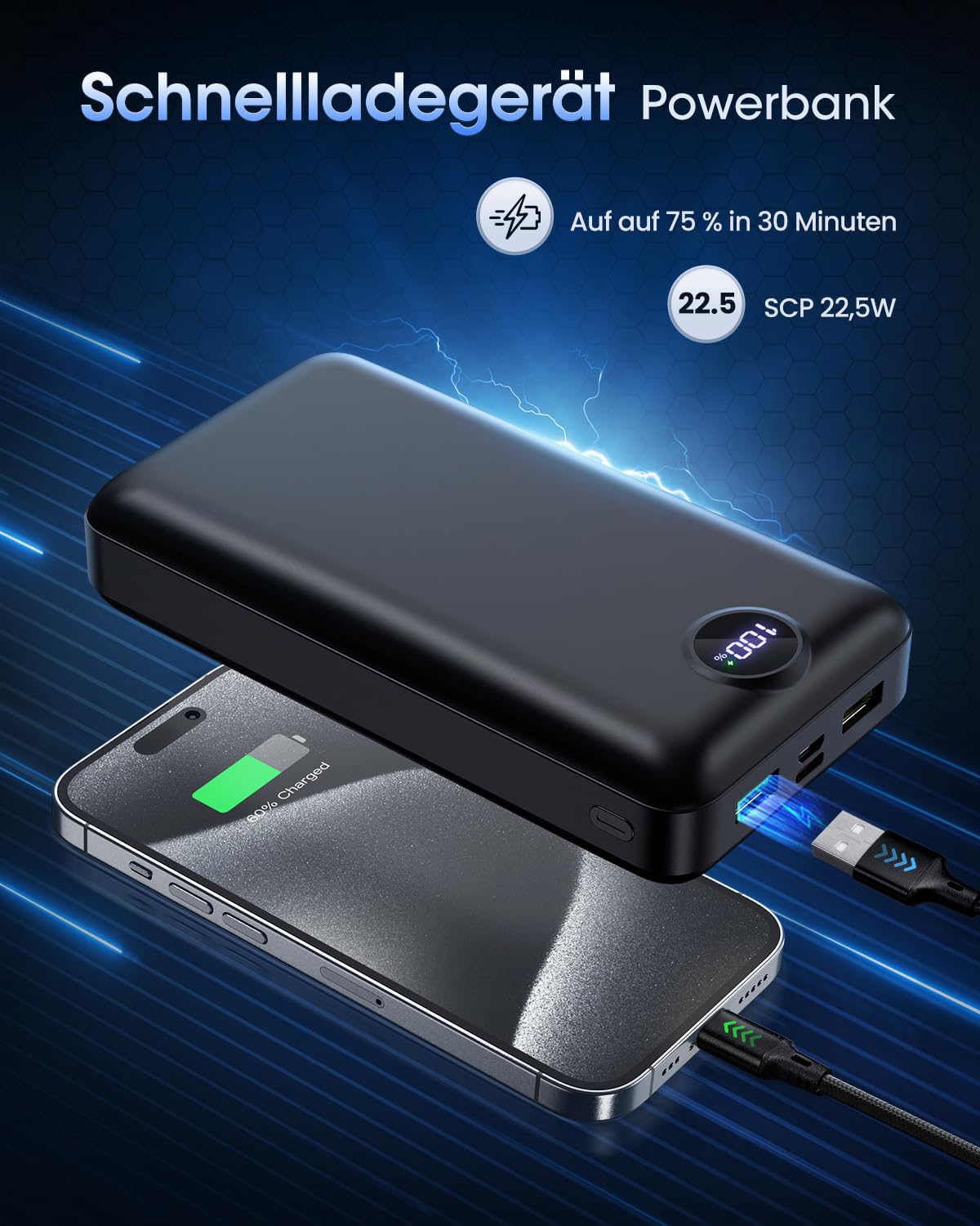 Power Bank 50000mAh,22,5W Schnellladen Halbfestkörper 3 in 1 Kabel | 3 Ausgängen und 2 Eingängen LED Display Große Akkukapazität Sicherer Halbfestkörper Langzeit mit iPhone Android Schwarz