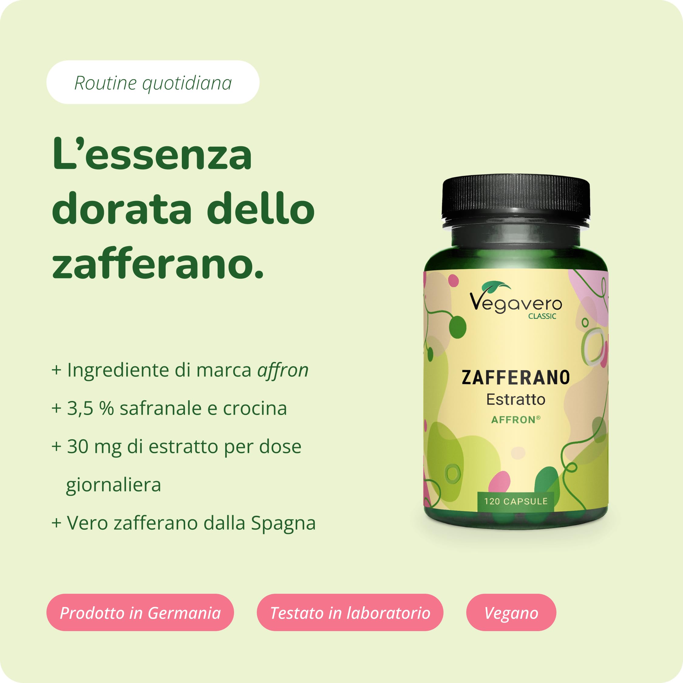 ZAFFERANO Vegavero ® | Con 3% Safranale e 2% Crocina | Affron®: Crocus sativus spagnolo | 120 capsule | Calmante e rilassante naturale per il buon umore | Vegan
