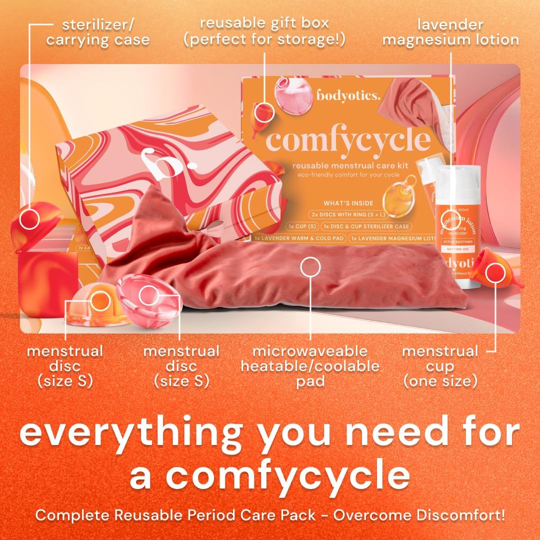 Comfycycle: Period Kit for Girls and Women - Reusable & Multisized Menstrual Discs, Cups, Sterilizer Case, Microwave Heating Pad & Magnesium Body Butter - Comfort & Convenience for Every Cycle