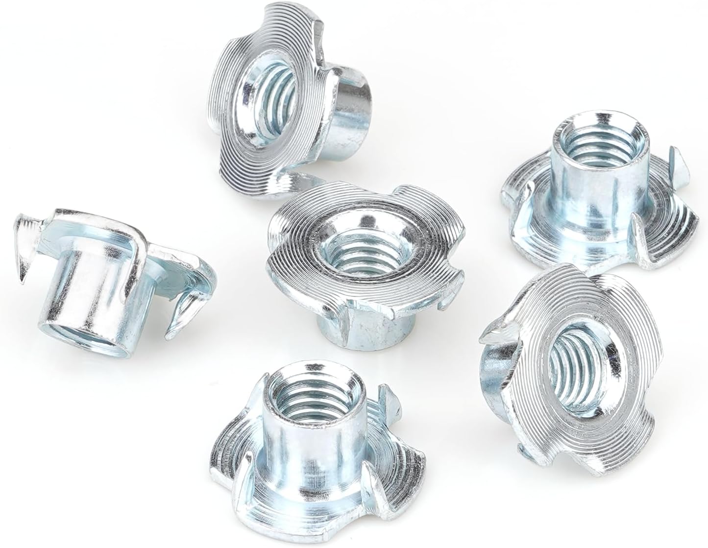 3/8"-16 T-Nuts (100 Pack), Zinc-Plated Steel Corrosion Resistant, 7/16" Barrel Length, 4-Pronged Tee Nut for Wood, Rock Climbing Holds, Cabinetry
