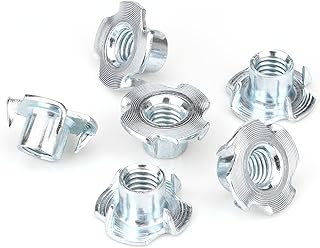 3/8"-16 T-Nuts (100 Pack), Zinc-Plated Steel Corrosion Resistant, 7/16" Barrel Length, 4-Pronged Tee Nut for Wood, Rock Climbing Holds, Cabinetry