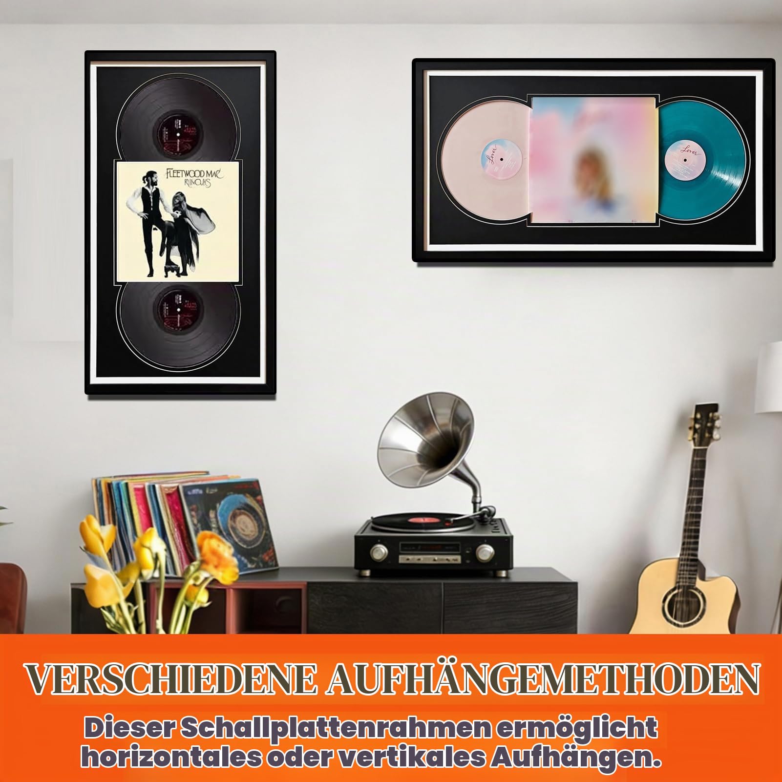 Schallplattenrahmen Doppel Lp, 86 x 48 cm, Doppel-Vinyl Rahmen zum Aufhängen im Hoch- & Querformat, UV-Schutz, kratzfestes Acryl, einfache Wandmontage, Holz, Schwarz