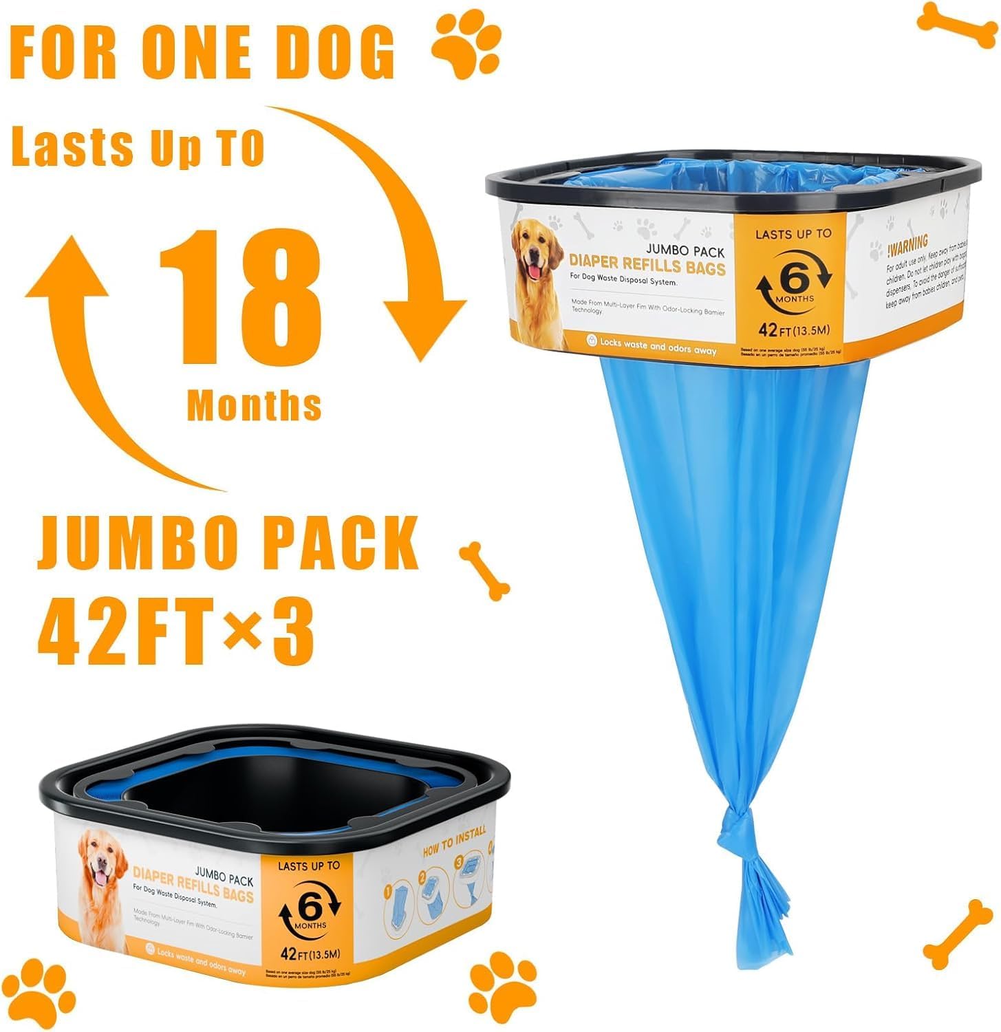42FT Jumbo Square Refills Disposal Bags Refill Compatible with Pe.t Dogs Gen.ie Dog Waste Disposal System Pails, Up to 6 months of Supply,Ultimate Odor Control Dog Poop Bags, 4 Pack