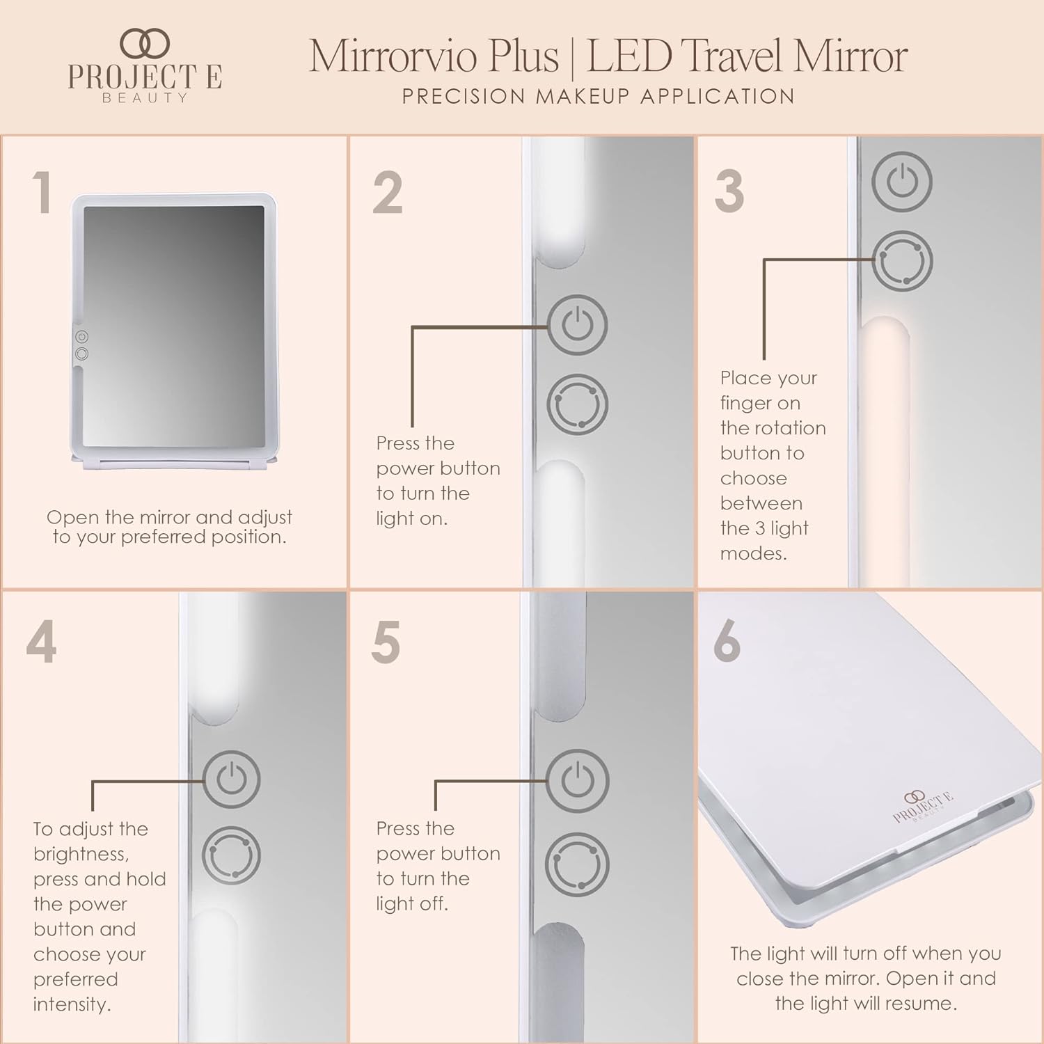 Project E Beauty Mirrorvio Plus LED Travel Mirror Lighted Makeup Mirror with 1x 3X 5X Magnification | Rechargeable Vanity Mirror for Desk | 3 Lighting Modes | (1X 3X 5X Magnification)