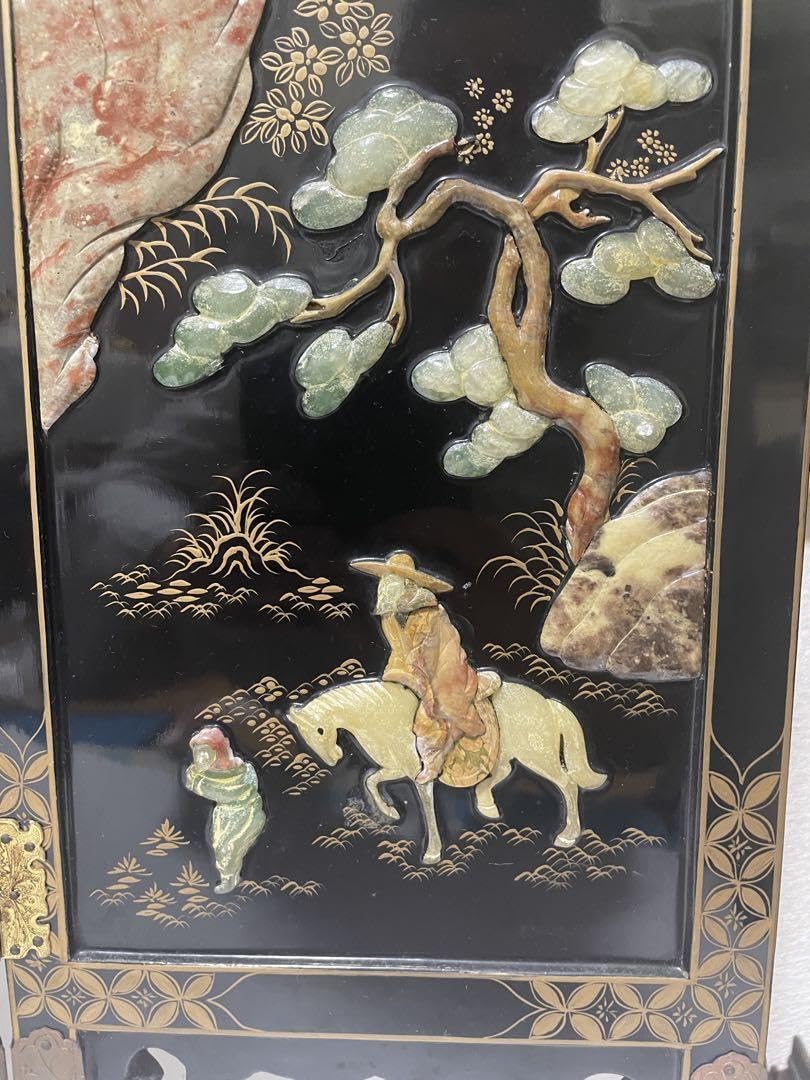 美品屏風　玉石細工　屏風 4パネル 玉石象嵌 Amazon.co.jp: 屏風玉石細工漆塗りの屏風4パネル玉石象嵌: Toys