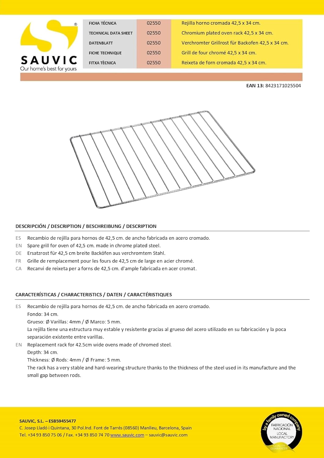 02550-Oven Rack, Chrome, 42.5 x 34 cm