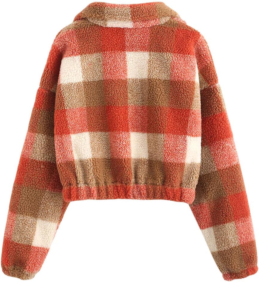 ZAFUL Women's Fashion Long Sleeve Lapel Half Zip Plain Faux Fur Sweatshirt Solid Color Crop Pullover Tops - Image 3