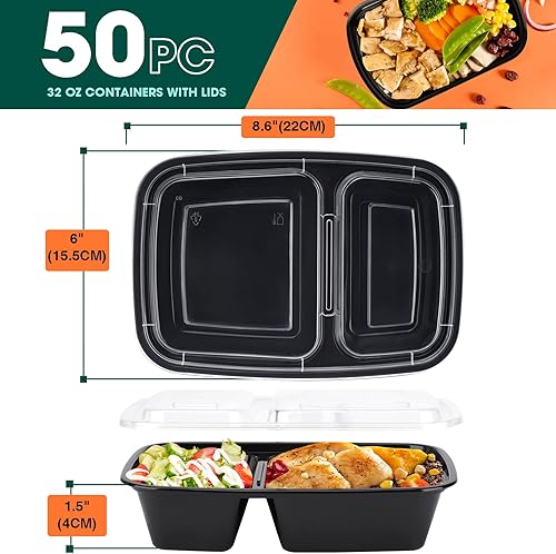 Miniatura 3 de Glotoch - Paquete de 50 recipientes de preparación de comidas de 32 onzas recipientes de plástico negro con tapas para almuerzo microondas y