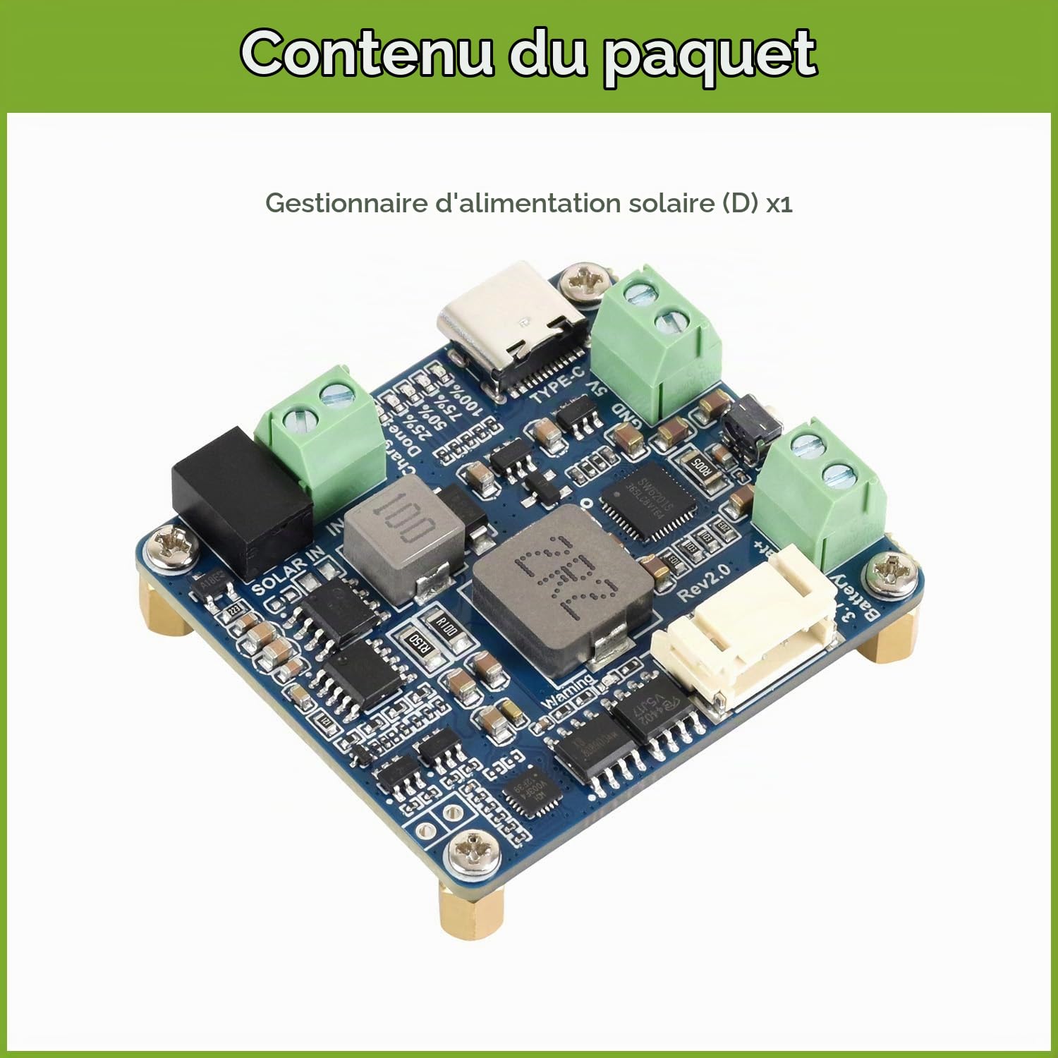 Waveshare Solar Power Manager Module (D), Supports 6V~24V Solar Panel and Type-C Power Adapter, 5V/3A Regulated Output, Solar Controller USB, MPPT Solar Charger