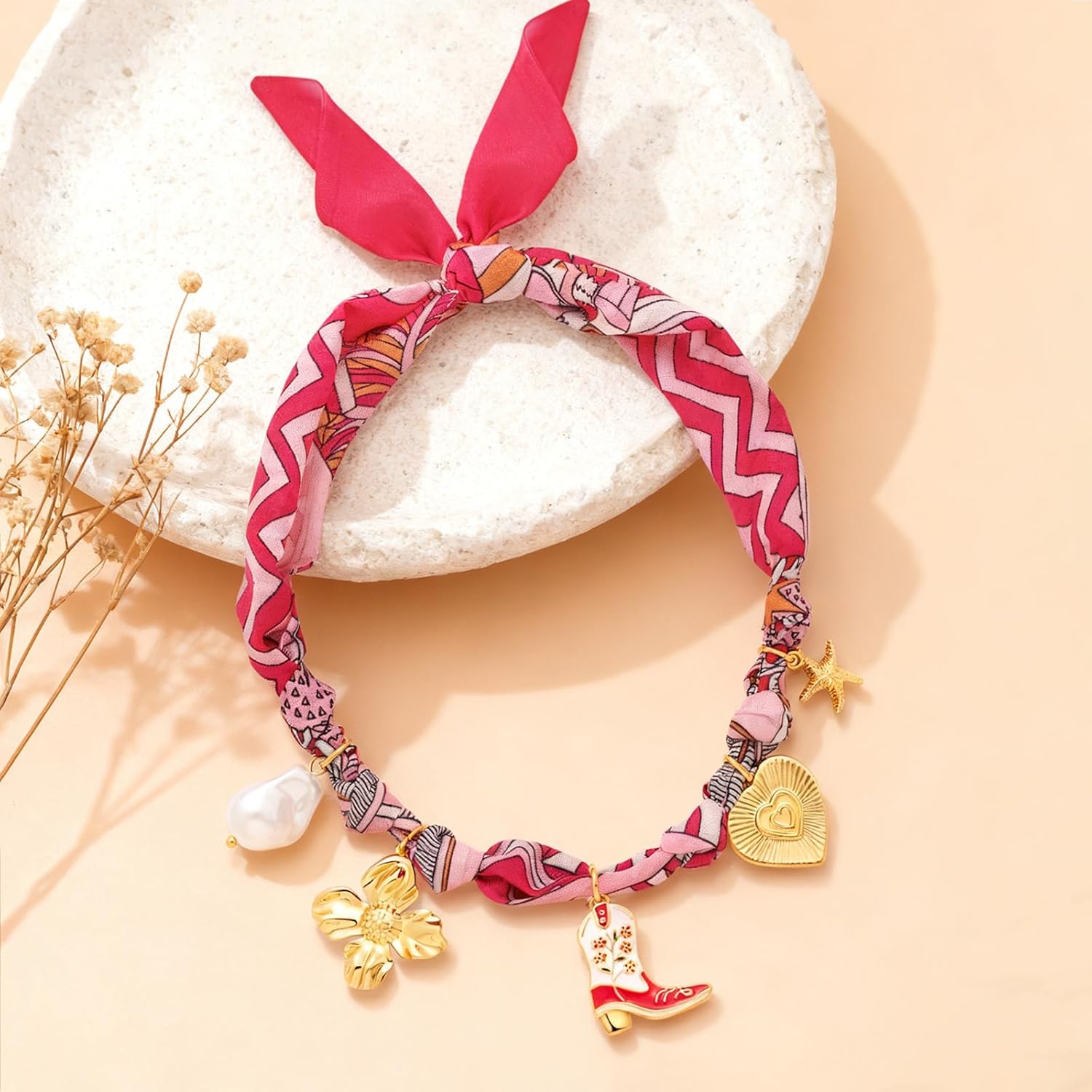 Scarf Necklace with Charm Western Cowgirl Pink Choker for Women 14k Gold Plated Boots Heart Bandana Chokers Valentines Jewelry Gifts - Image 6