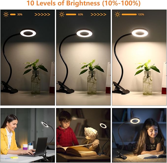 Woputne Desk Clip on Lamp for Reading Home Office, 10 Dimmable Brightness 3 Modes, Clamp Light for Bed Headboard photo 3