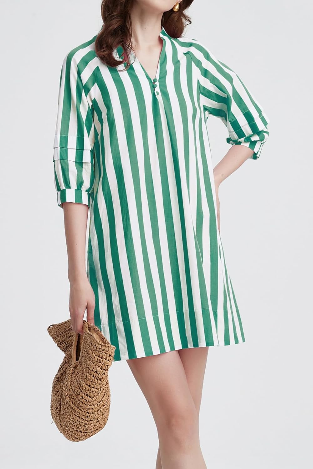 Womens Striped Mini Dress V Neck Casual Summer 3/4 Lantern Sleeves Loose Beach Tunic Shift Dresses - Image 6