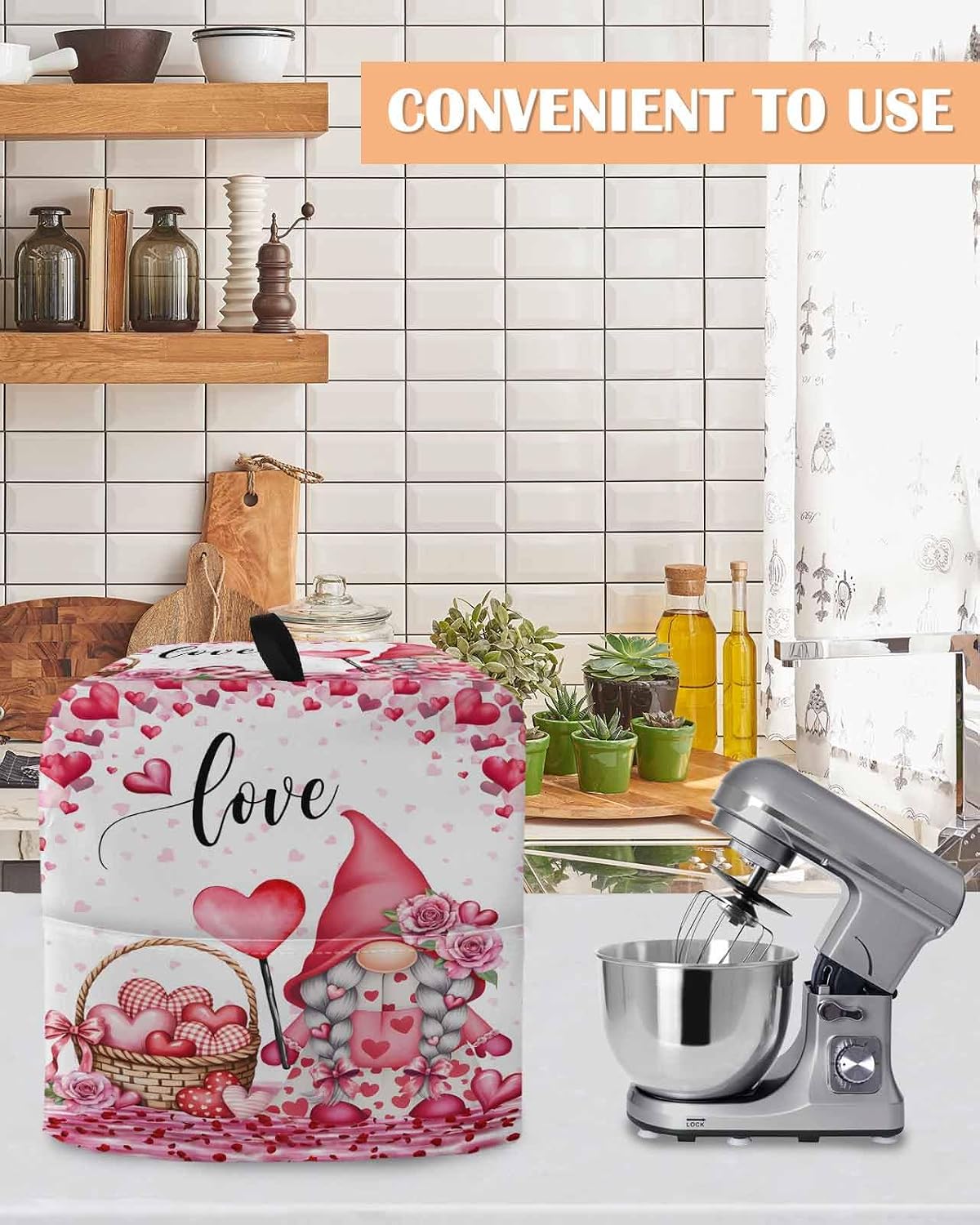 Valentine's Day Stand Mixer Cover with Storage Pocket, Waterproof Kitchen Mixer Covers, Pink Love Gnomes Roses Romantic Kitchen Appliance Dust Cover Compatible with 5-8 Quart Mixers