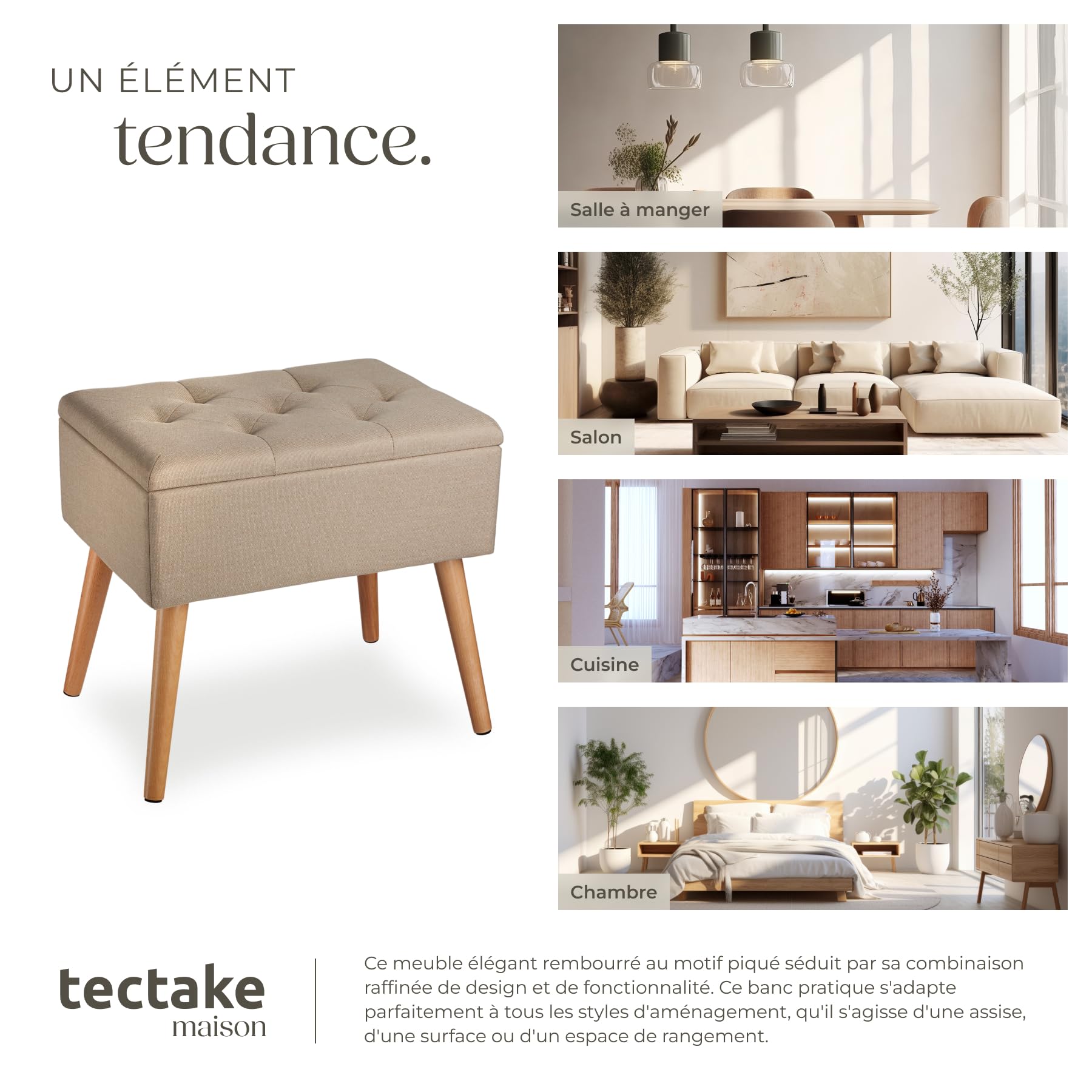 tectake® Banc de Rangement Pliable Bout de lit Aspect Lin Pieds en Bois Banc Entree Pouf Chambre Dressing Chambre Adulte Repose Pied Tabouret Coiffeuse Meuble Salon Maison Coffre a Jouet