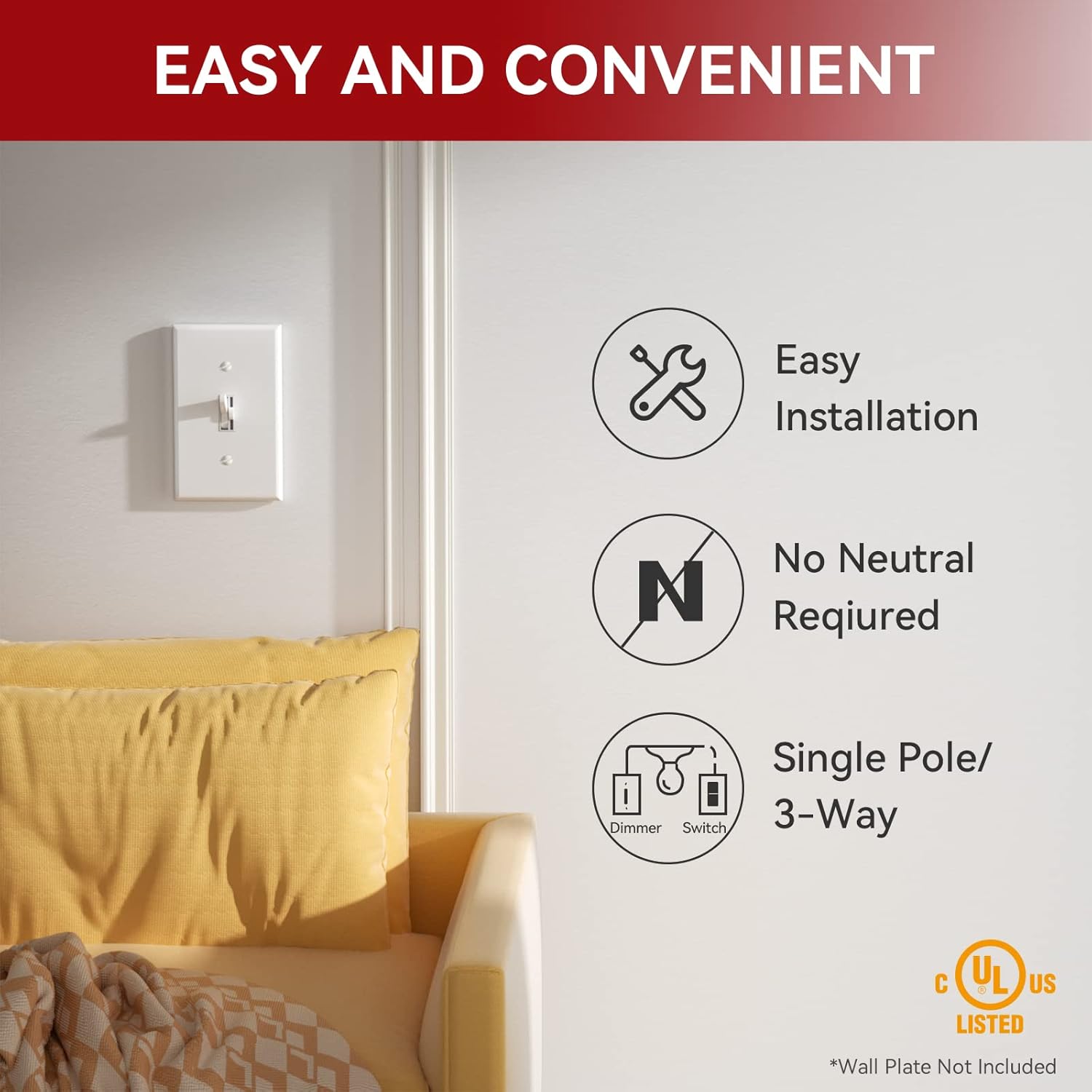 AIDA Toggle Slide Dimmer Switch for Dimmable LED Light/CFL/Incandescent 600 Watt max, Single-Pole or 3-Way, Rocker On/Off Wall Switch with Dimmer Slider, Wall Plate NOT Included, UL, White, 2 Pack