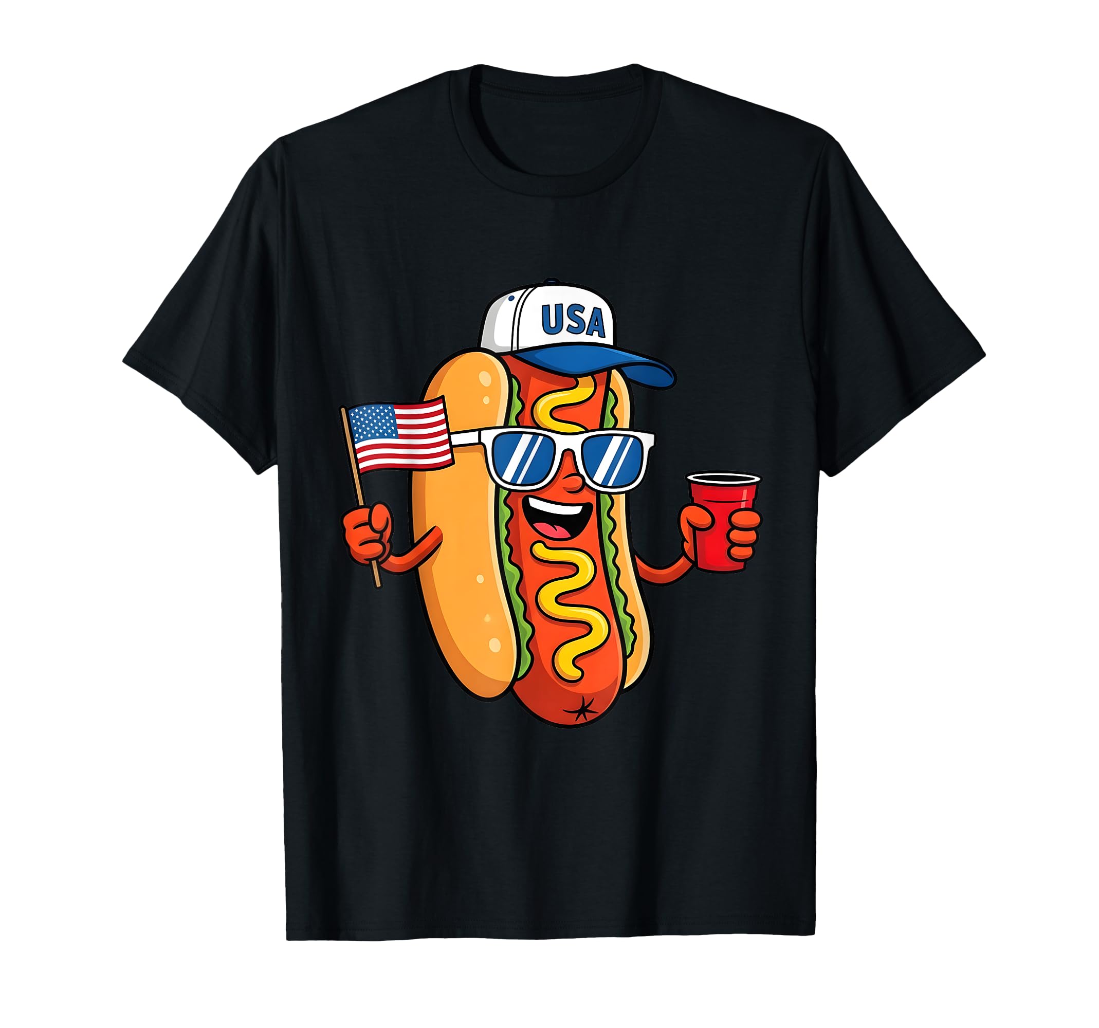 Funny Hot Dog 4th of July Patriotic USA Flag Independence Men Women Kids T-Shirt
