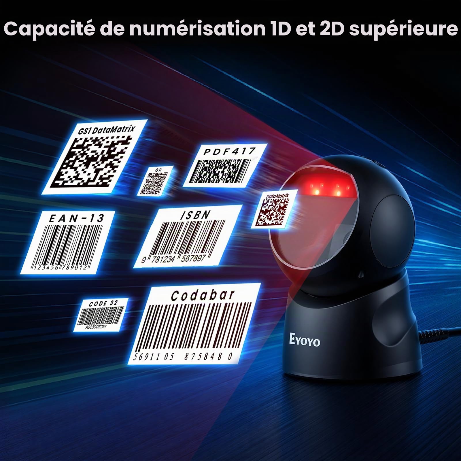 Eyoyo Lecteur Codes Barres 1D 2D, USB Câblé Plateforme Barcode Scanner | Écran de numérisation, Plug and Play, Balayage Automatique, pour Supermarchés, entrepôts et librairies