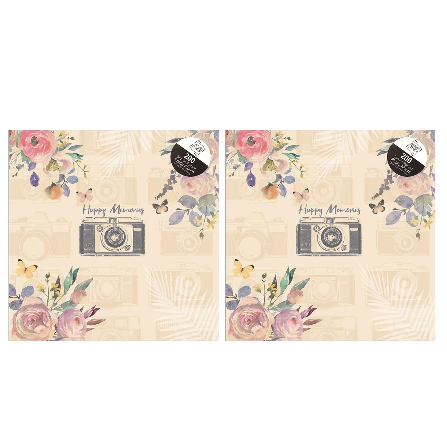 M1SS Set of 2 “Happy Memories” Camera Photo Album 200 Pockets 6x4” (10x15cm) Slip-In Photo Album with Memo Writing Space – 22x22cm Picture Album Memory Book for Family Photos, Travel, Wedding & Gifts