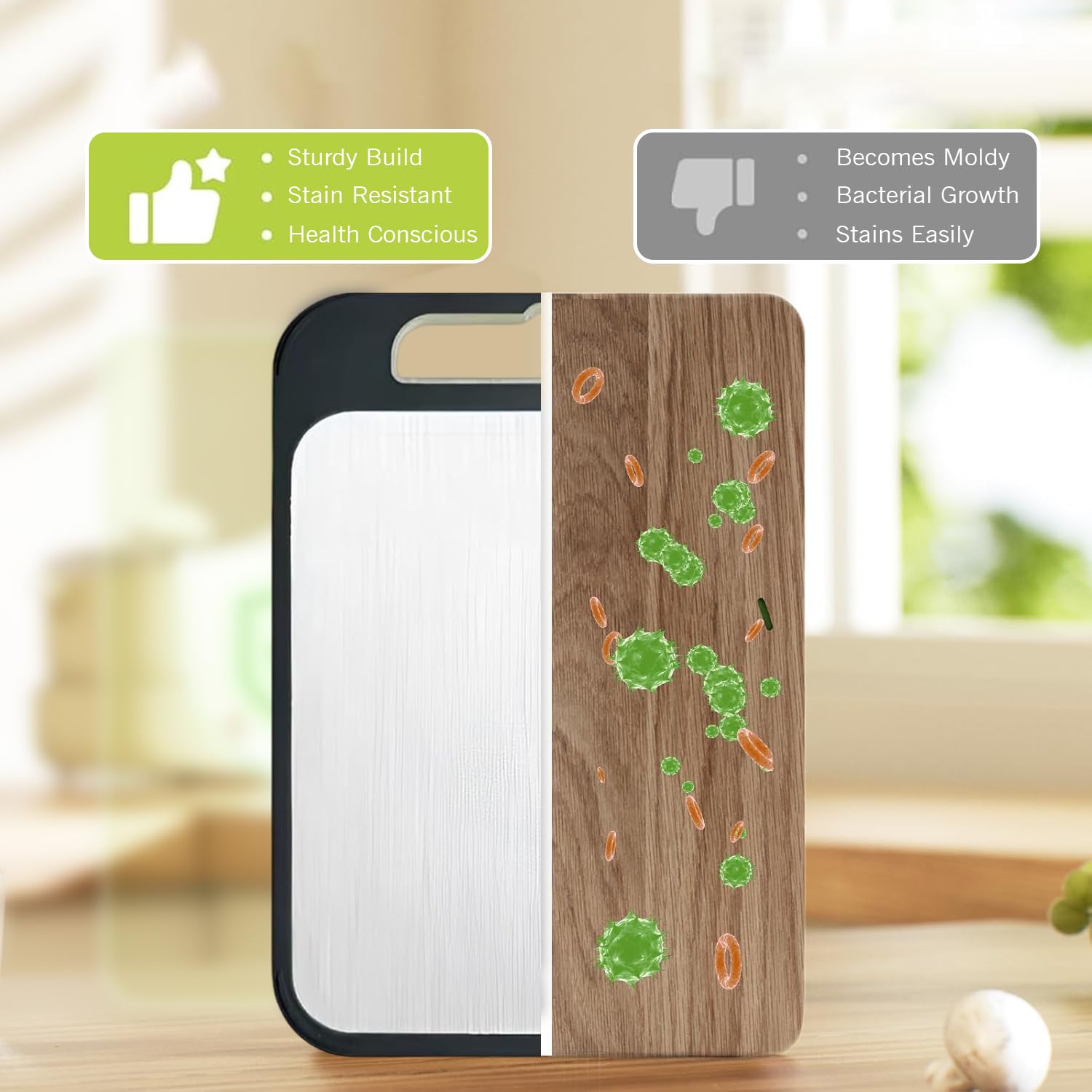 Juego de 2 tablas de cortar de doble cara, tabla de cortar de acero inoxidable con bordes antideslizantes, tabla de cortar de paja de trigo para carne y verduras, incluye zona de molienda de ajo, 13.6