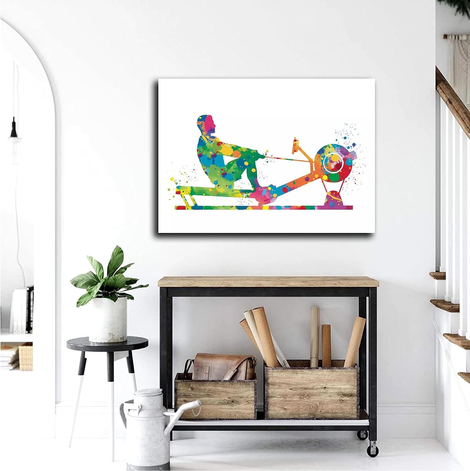 Wall Art Canvas Art,Living Room Decor For Men,Rowing Man Watercolor Print Sports Art Rowing Machine Workout Room Workout Decor Rowing Machine Kayak Boy Wall Art,16"x24"Framed Wall Art