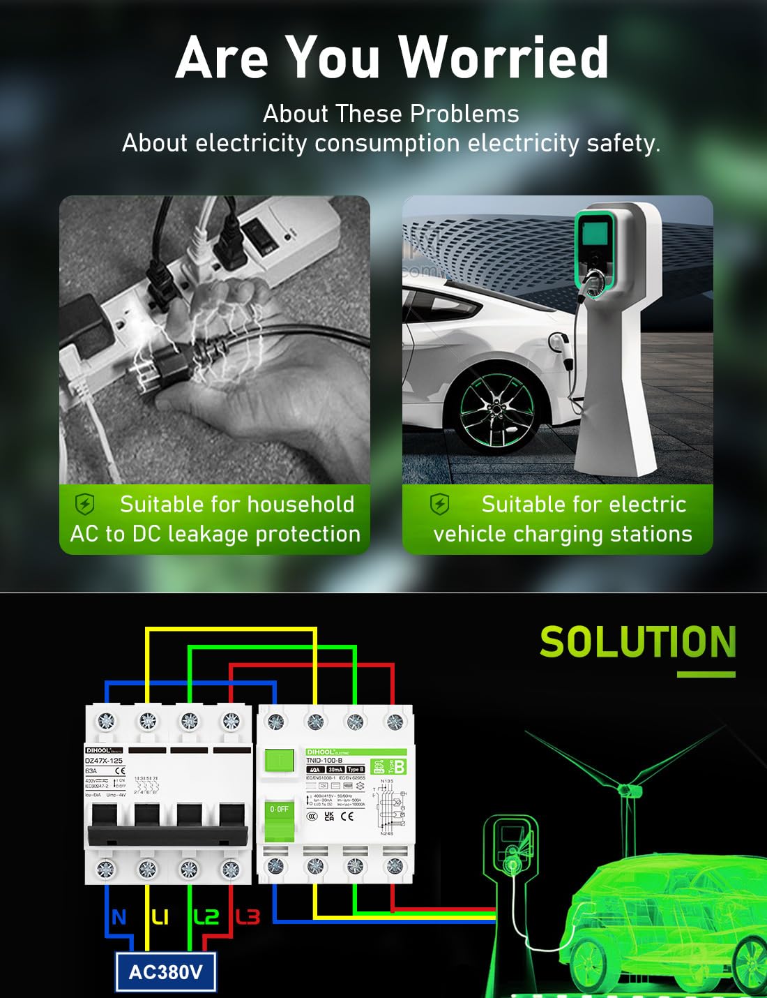 DIHOOL Wyłącznik RCD typu B 40A 30MA 4-biegunowa ładowarka do pojazdów elektrycznych DC 6MA