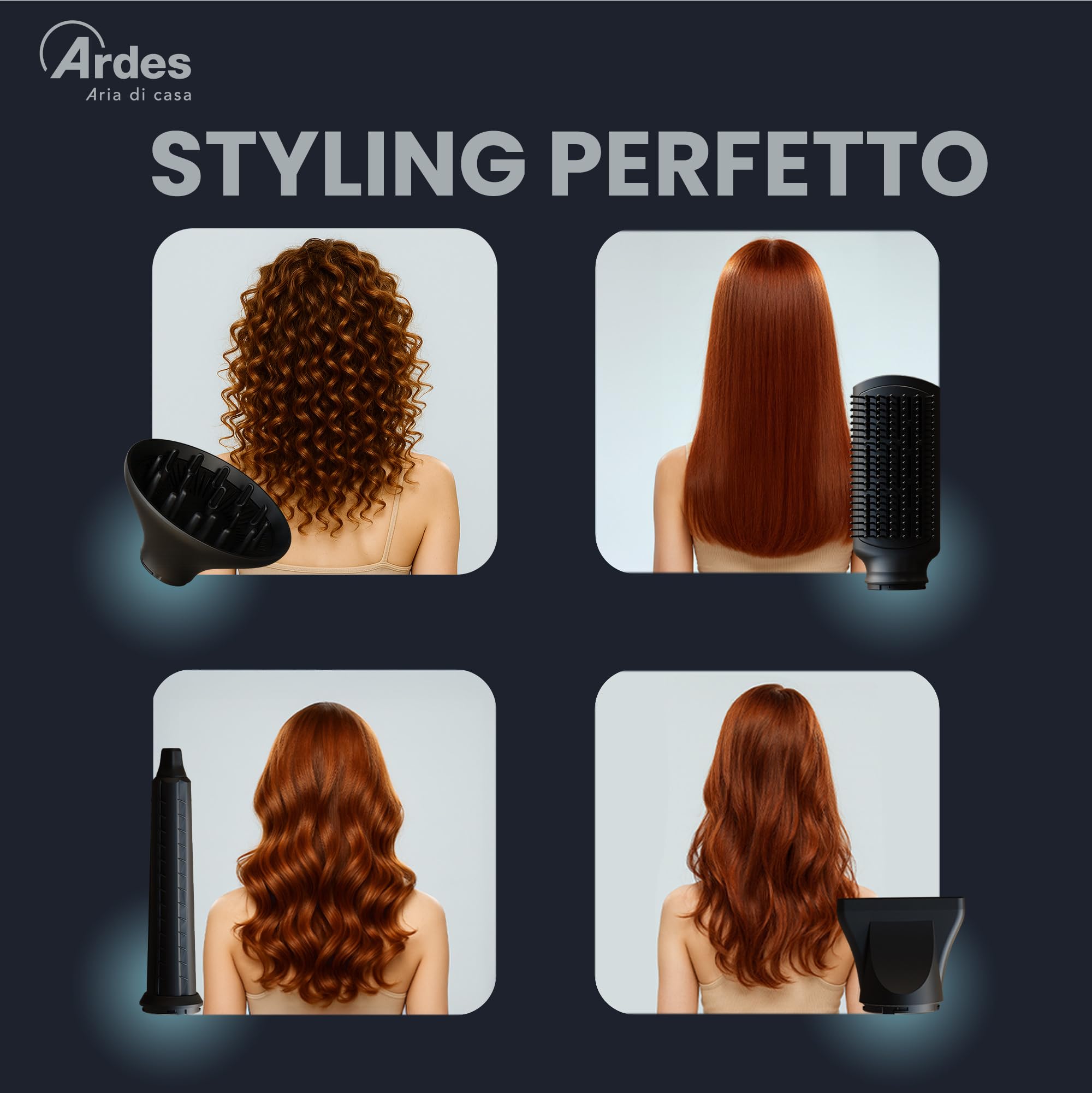 ARDES ESTYLIA ARPHON03 5-in-1 Styler und Haartrockner, 110.000 U,min Digitalmotor, mit automatischem Lockenstab rechts und links, Coanda-Technologie, Glättungsbürste, Konzentrator und Diffusor
