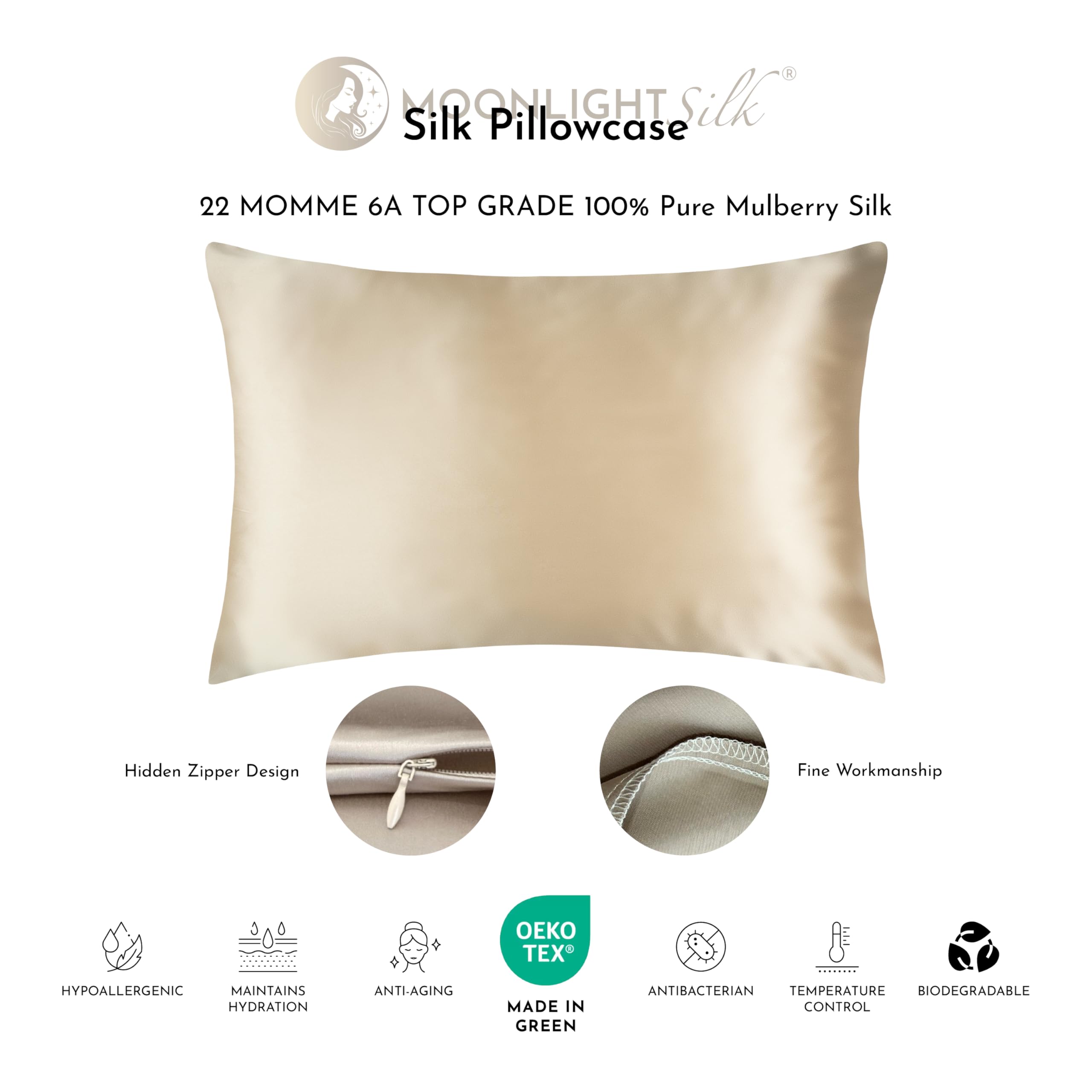 Jedwabna poszewka na poduszkę 100% 50 x 75 cm - 22 Momme błyszczący jedwab morwowy, klasa 6A, certyfikat Oeko-Tex® - skóra nawilżona i niemarszcząca się (Szampański)