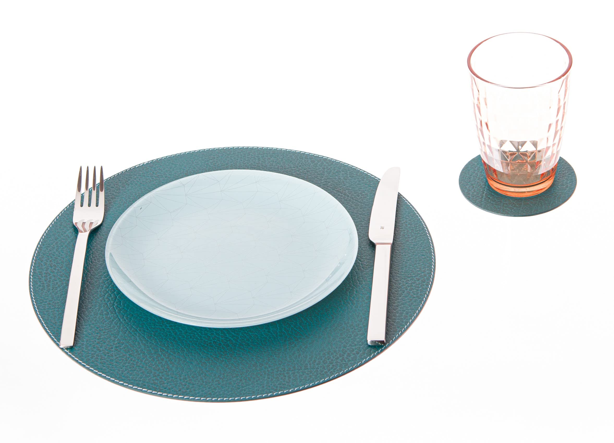 Nikalaz Ronde placemats en onderzetters van gerecycled leer, 4 stuks placemats 33 cm en 4 onderzetters 10 cm (petroleumgroen Nikalaz Ronde placemats en onderzetters van gerecycled leer, 4 stuks placemats 33 cm en 4 onderzetters 10 cm (petroleumgroen