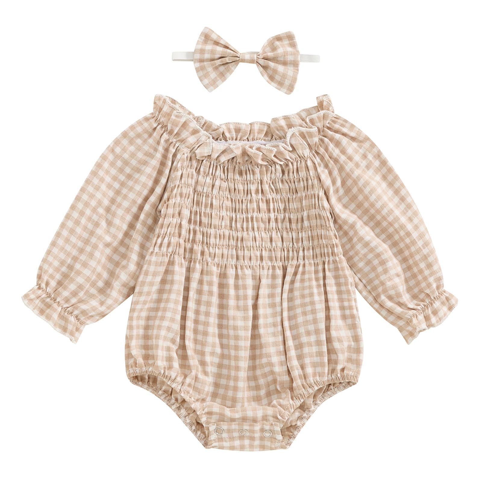Baby Girls Ribbed Romper Outfits Ruffle Sleeve Bodysuit with Plaid Romper Dress One Piece Bubble Playsuit+Headband (Plaid Khaki, 0-3 Months)