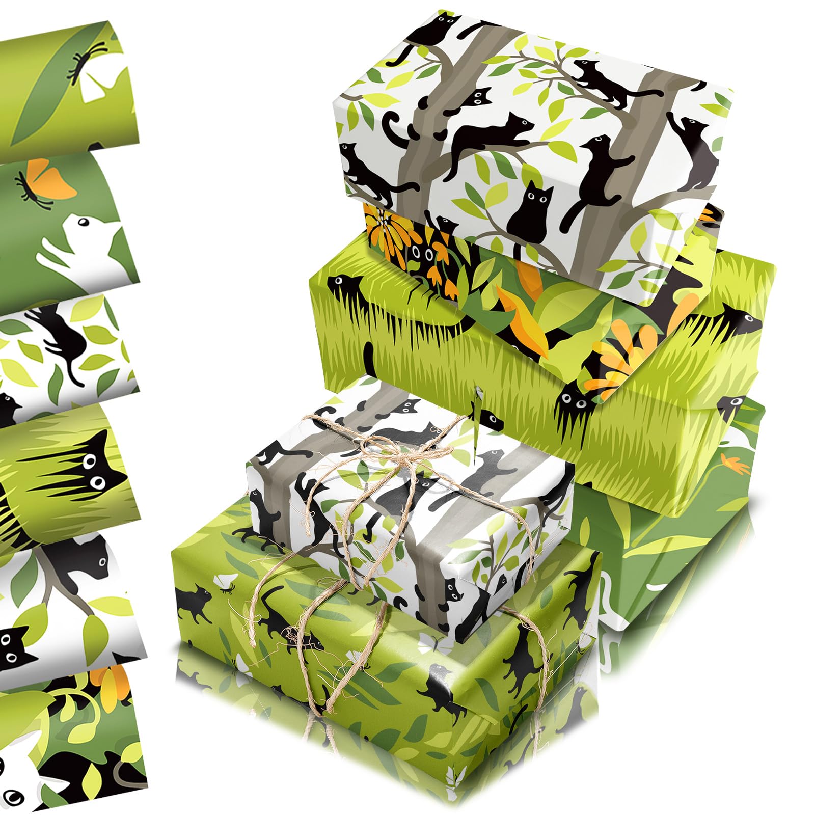 COSORO Cat Wrapping Paper Sheets 68x50cm,12 Sheets Green Black Cats Gift Wrapping Paper,Recyclable Cats Birthday Wrapper for Boys Girls Kids Adults Party Gift Wrap Boxes Decorations โ image 1