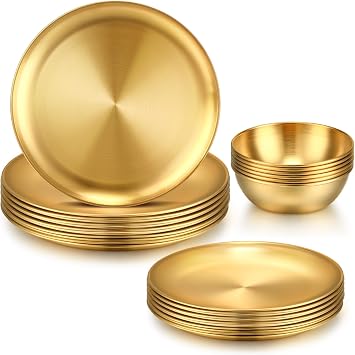 Layhit 18 Pcs Gold Stainless Steel Dinnerware Set 10 Metal Gold Dinner Plates 8 Thickened Dinner Dishes 3.5 Sauce Bowls Stackable Dishware for Kitchen BBQ Party Picnic, Service for 6