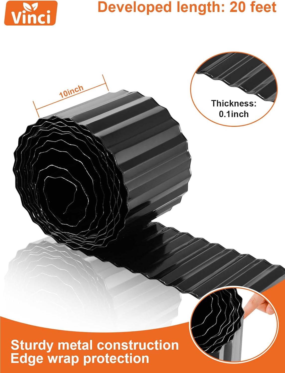 Vinci Garden Landscape Edging Border, 10 Inch x 20 FT Corrugated Sturdy Metal Easy Installation Safe Hemmed Lawn Garden Border Edges for DIY Flower Beds, Pathways and Patio Design (Black)