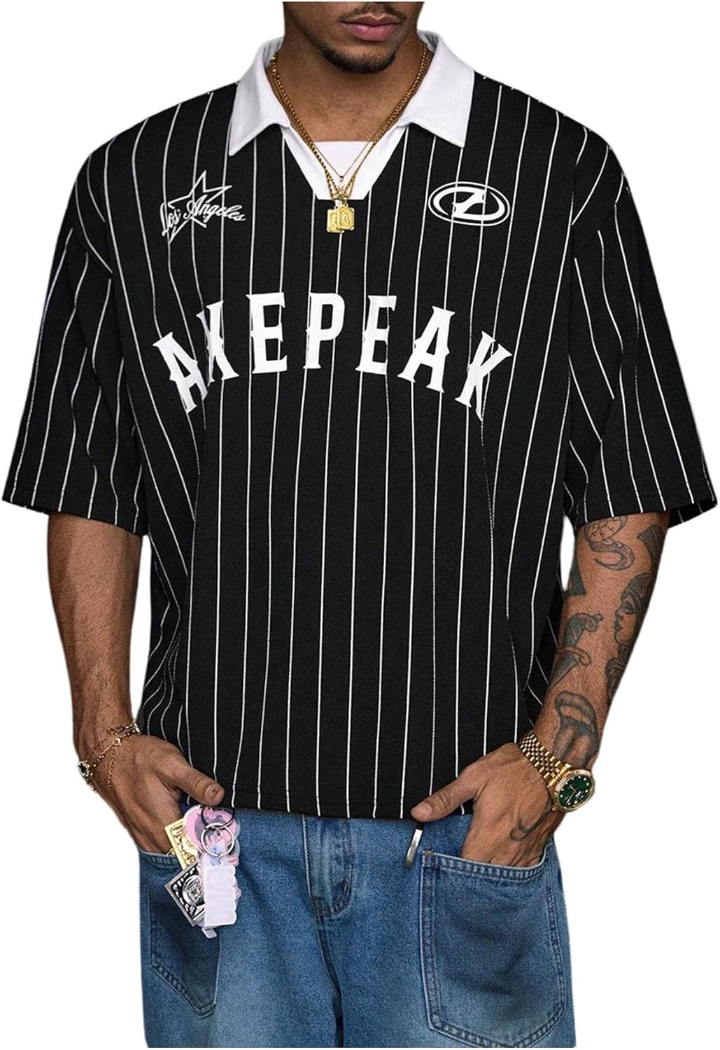 GORGLITTER Men's Cropped Shirt Jersey Letter Graphic Striped Short Sleeve Collared Y2K Boxy Streetwear Tee Top