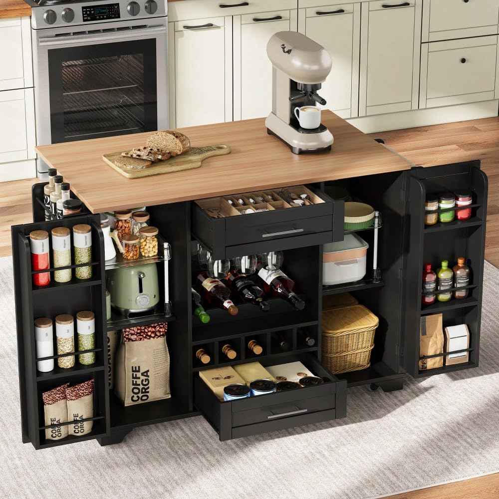 Tavolo da cucina con occhio mobile nero – piano di lavoro pieghevole, stoccaggio integrato (vino, bicchieri, spezie) e portasciugamani (nero + naturale + MDF + europeo)