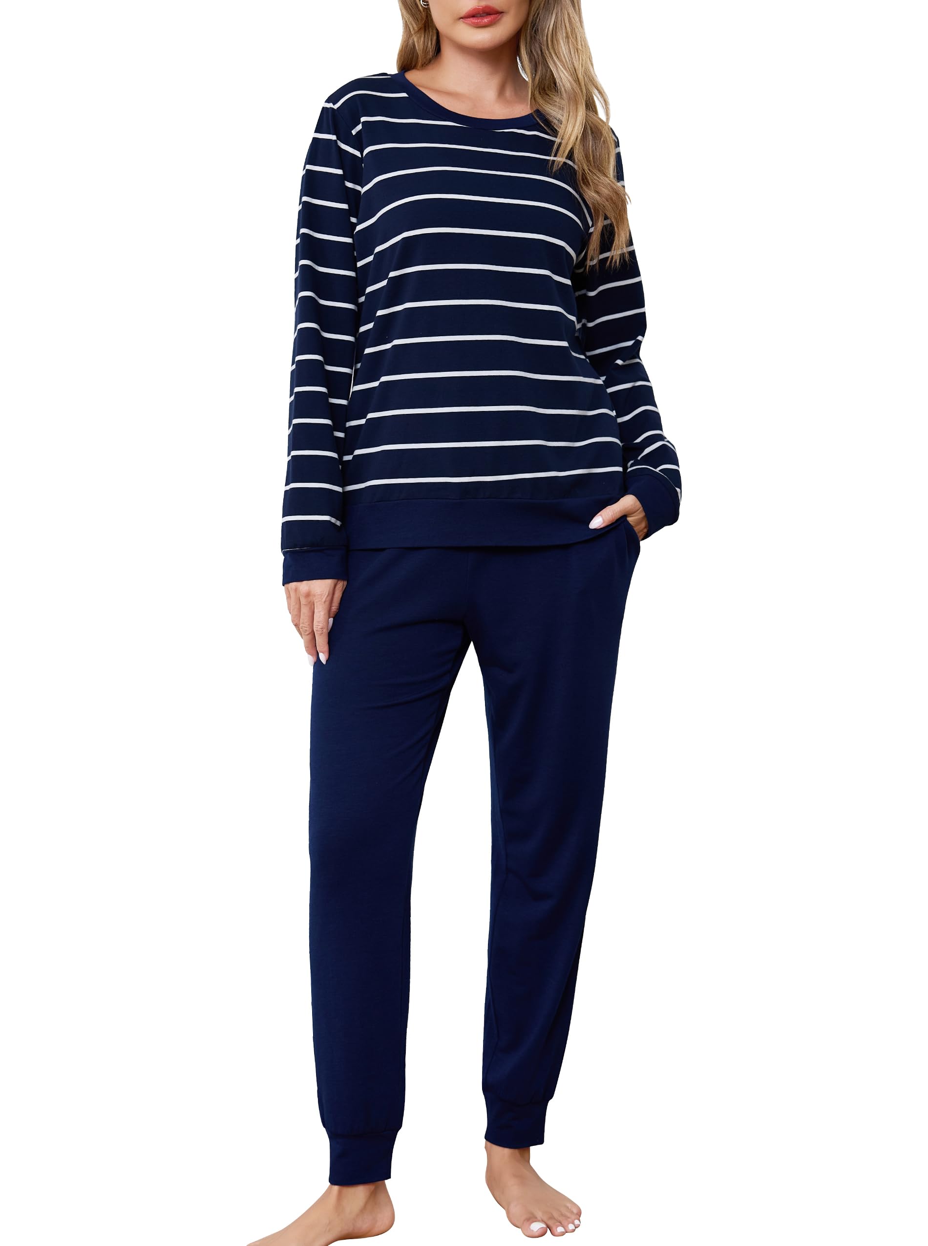 Wikoan Damen Schlafanzug Lang Baumwolle Pyjama Set Winter Zweiteiliger Nachtwäsche Langarm Gestreift Pyjama Oberteil und Einfarbig Hose S-XXL