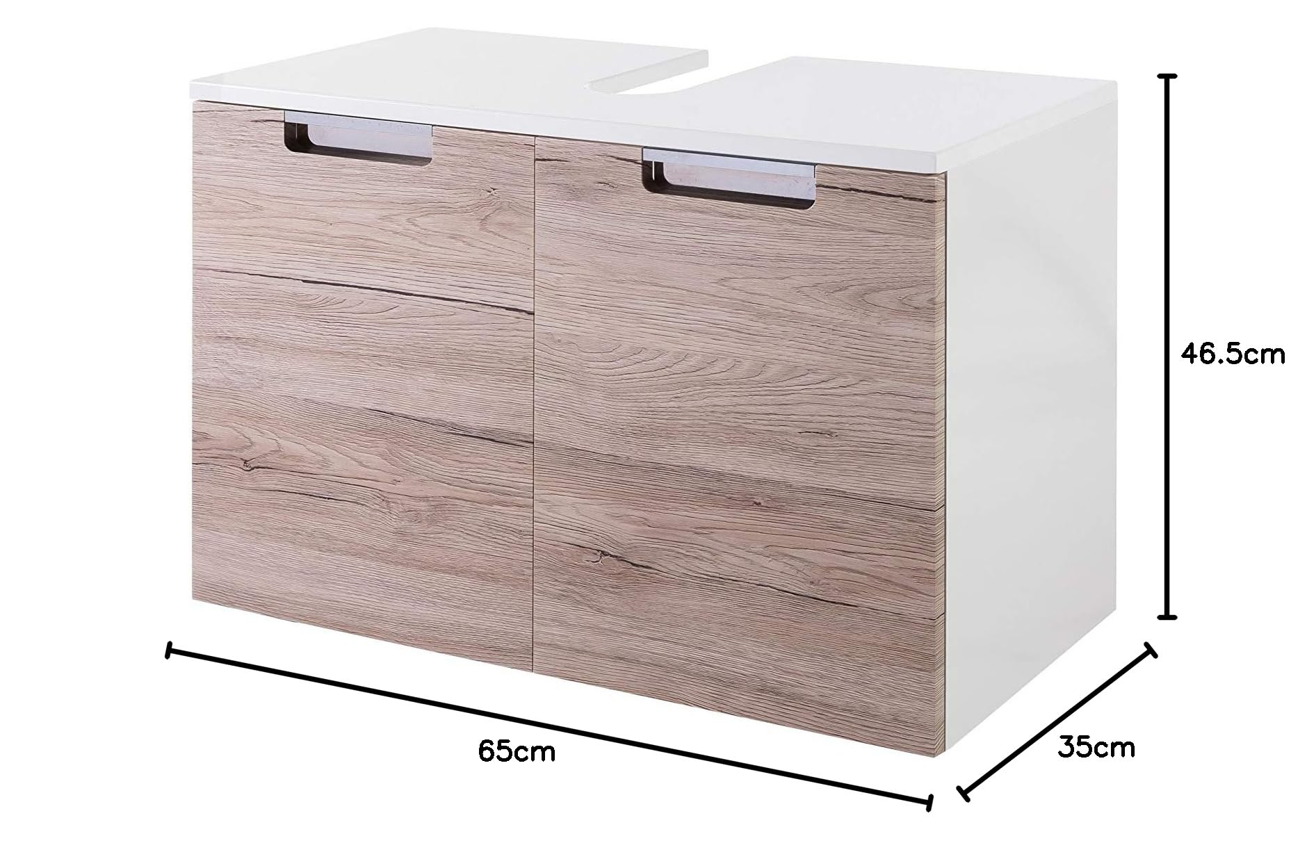 Schildmeyer 130516 Rilana Meuble sous-lavabo, Blanc Brillant/décor chêne Sanremo, 46,5 x 65 x 35 cm