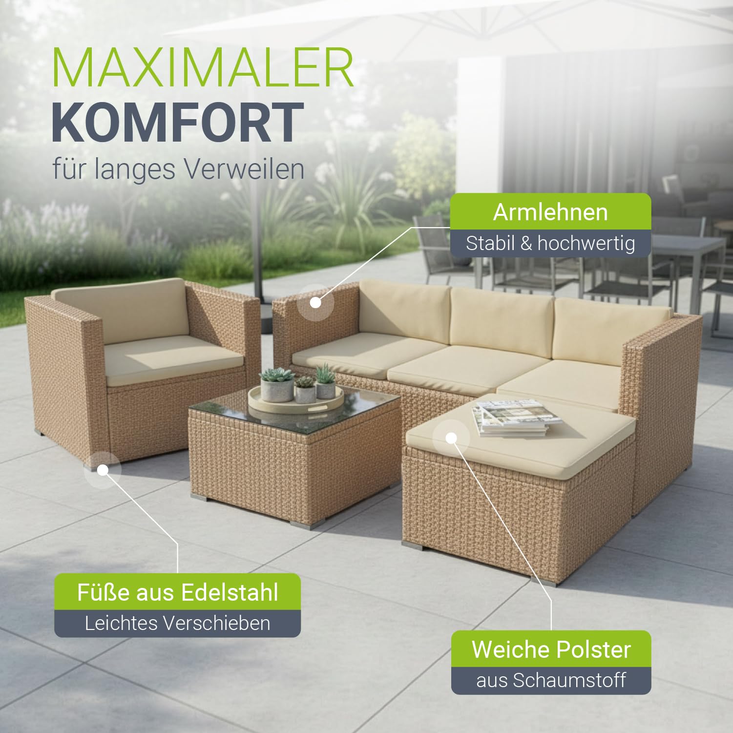 Juskys® Polyrattan Lounge Punta Cana L inkl. Abdeckung für 4-5 Personen mit 3er Sofa, Sessel, Hocker, Tisch & Kissen, Sitzgruppe für Garten, Terrasse und Balkon, Gartenmöbel Set wetterfest - Creme