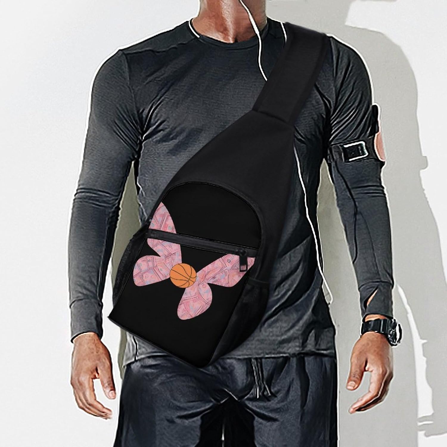 Butterflies Banknotes Basketball Crossbody Sling Backpack Chest Bag Daypack | unisex,trendy,with convertible and detachable shoulder strap,side pockets