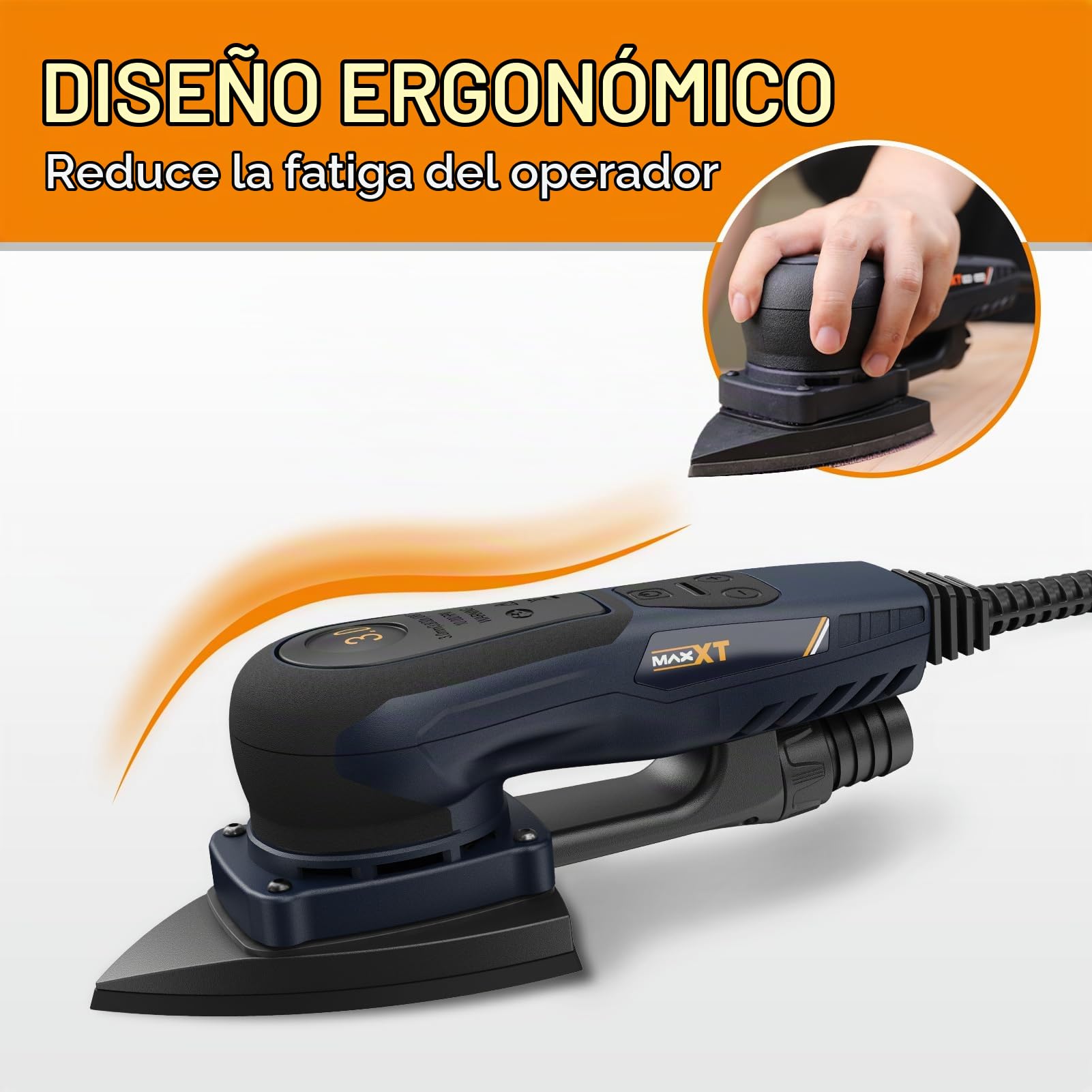 MAXXT Lijadora Delta y Rectangular 2EN1 sin escobillas 350W, 6 velocidades ajustables (4000-10000 rpm), Parada1-2 segundos, Incluye 20 hojas de lija, para rincones estrechos y lijado fino