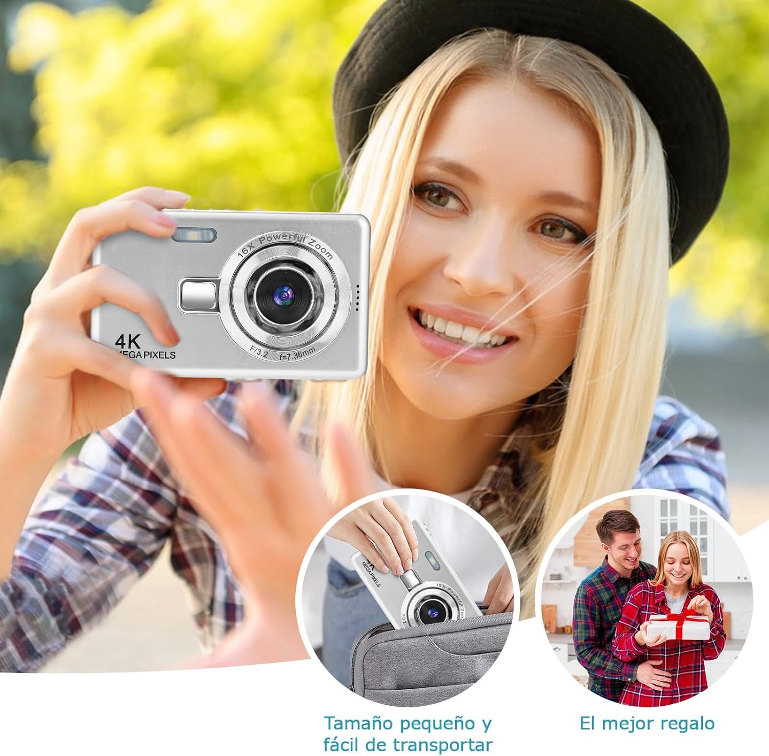 Cámara digital – 1080P FHD 44MP con pantalla LCD de 2.4 pulgadas, cámara de fotos compacta portátil con tarjeta SD de 32 GB, zoom digital de 16X para niños, adolescentes, estudiantes, principiantes
