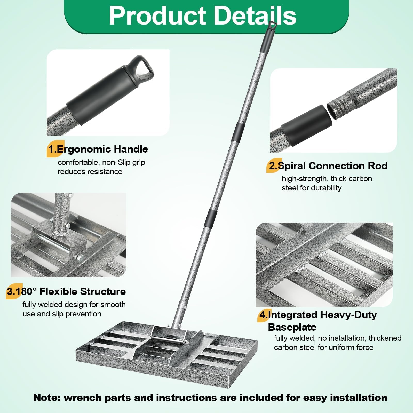 Rastrillo nivelador de césped, herramienta niveladora de césped resistente con un mango extralargo de acero duradero, rastrillos ideales para césped, patio trasero, jardines, campos de golf, granjas y