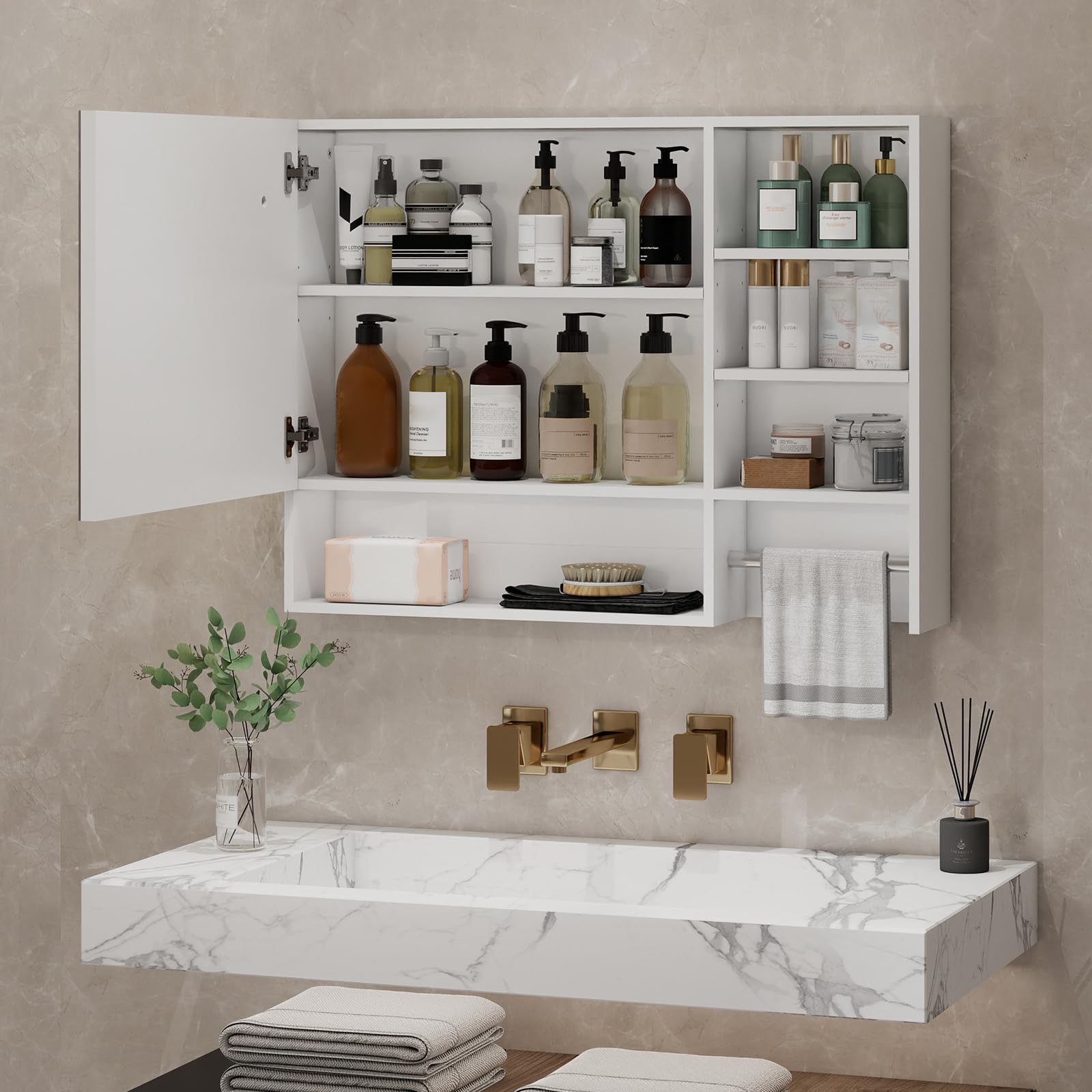 YU YUSING Specchio Contenitore Bagno con Luce, Mobile Bagno Sospeso con LED 80x14x60 cm, Armadietto con Portasciugamani, 3 Modalità di Luce, 3 Ripiani Regolabili, Bianco